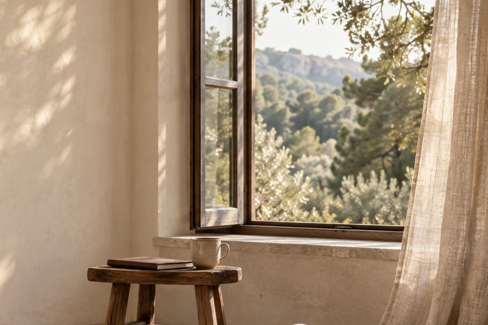 Espacio tranquilo con luz natural, una taza y una libreta junto a la ventana.