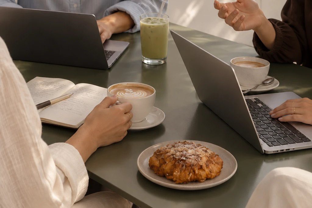 Personas de un equipo conversando alrededor de una mesa con computadores, un cuaderno y café.