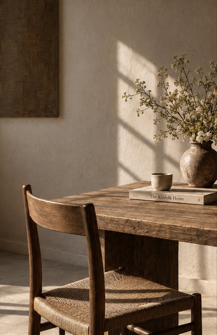 Mesa iluminada por el sol junto a una silla y flores.