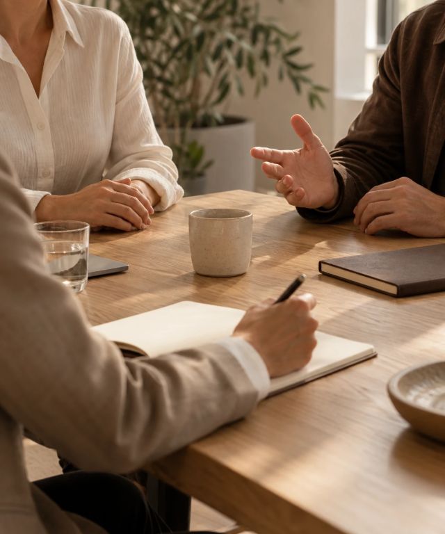 Tres personas conversando en torno a una mesa de madera, una de ellas tomando notas